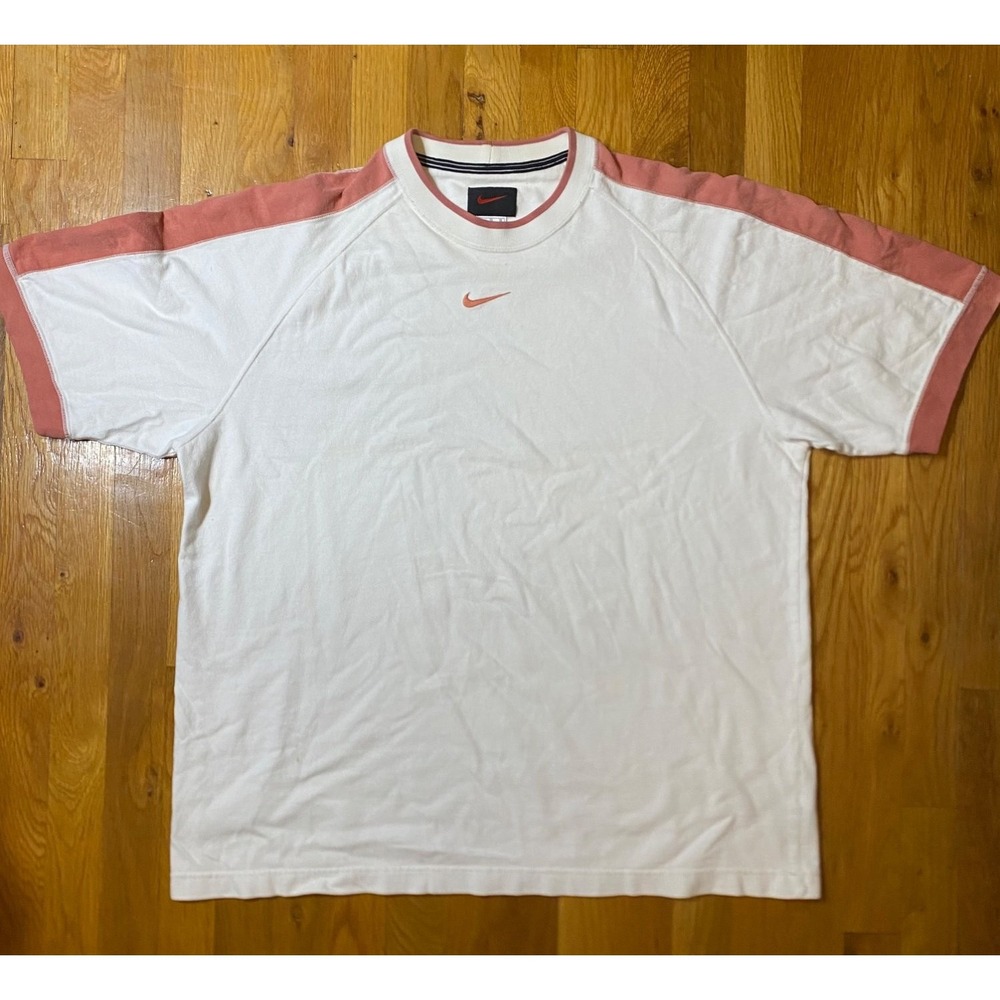 Vintage 90's Nike T-Shirt Men XL White Pink Center Swoosh Crew Neck Short Sleeve